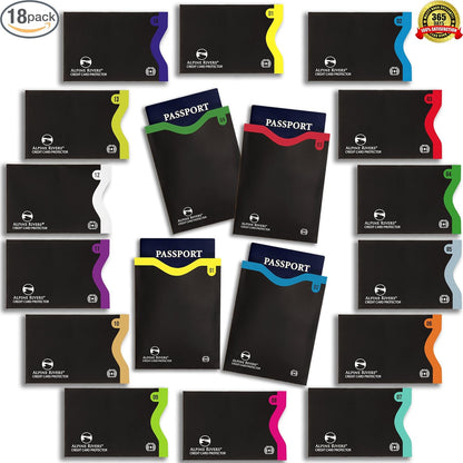RFID Blocking Sleeves, Credit Card Protector, Passport Sleeve | 18-piece: 14 black sleeves, fits debit, ID cards; 7 top, 7 side-load; 4 passport; 13.56 MHz NFC blocker