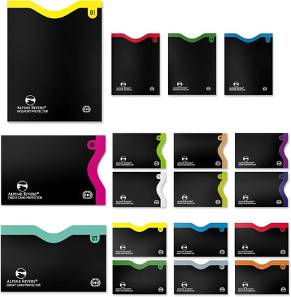 RFID Blocking Sleeves, Credit Card Protector, Passport Sleeve | 18-piece: 14 black sleeves, fits debit, ID cards; 7 top, 7 side-load; 4 passport; 13.56 MHz NFC blocker