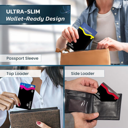 RFID Blocking Sleeves, Credit Card Protector, Passport Sleeve | 18-piece: 14 black sleeves, fits debit, ID cards; 7 top, 7 side-load; 4 passport; 13.56 MHz NFC blocker