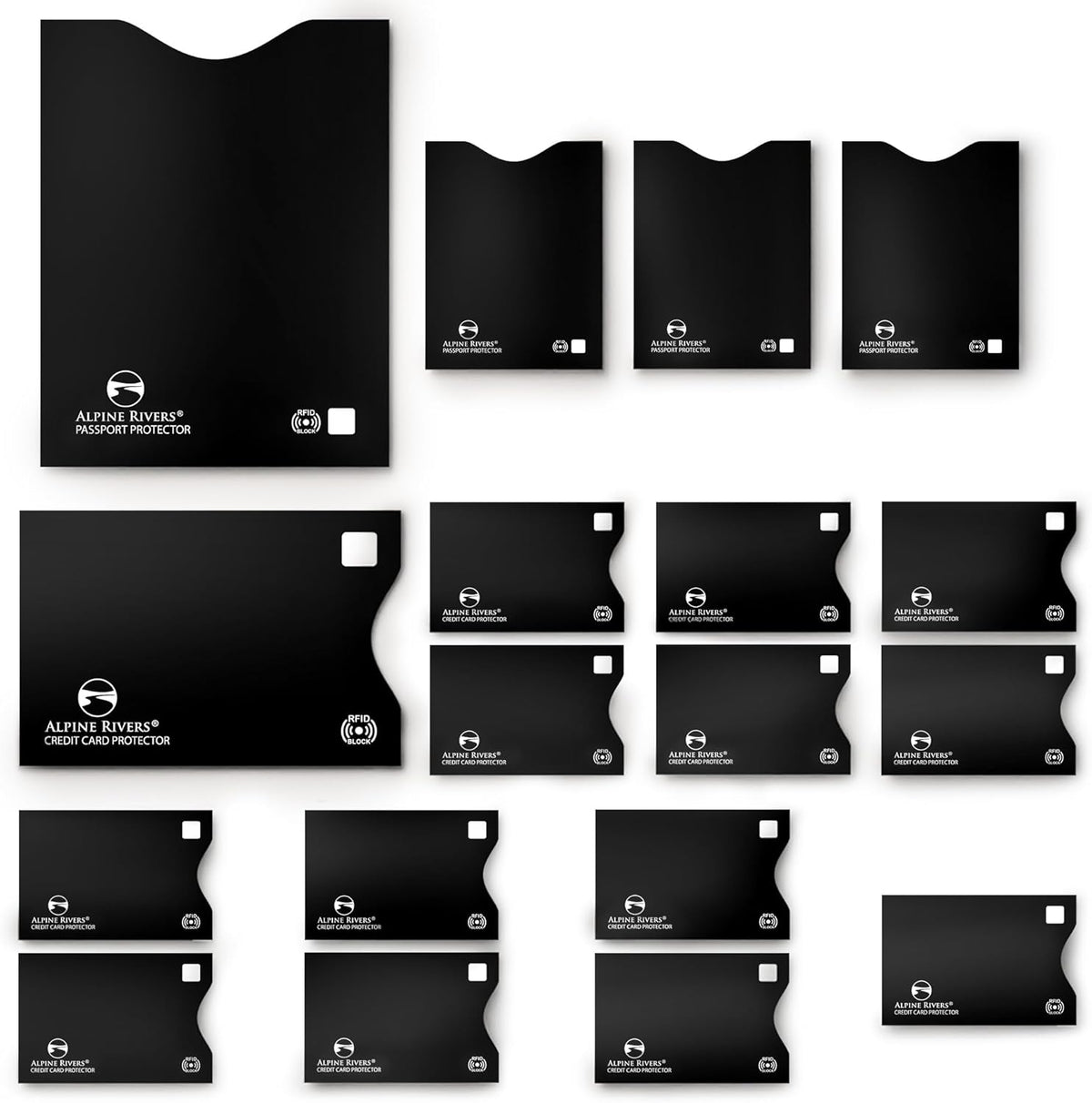 RFID Blocking Sleeves, Credit Card Protector, Passport Sleeve | 18-piece: 14 black sleeves, fits debit, ID cards; 7 top, 7 side-load; 4 passport; 13.56 MHz NFC blocker