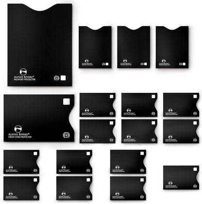RFID Blocking Sleeves, Credit Card Protector, Passport Sleeve | 18-piece: 14 black sleeves, fits debit, ID cards; 7 top, 7 side-load; 4 passport; 13.56 MHz NFC blocker