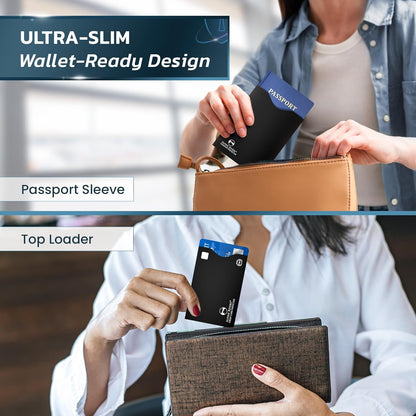 RFID Blocking Sleeves, Credit Card Protector, Passport Sleeve | 18-piece: 14 black sleeves, fits debit, ID cards; 7 top, 7 side-load; 4 passport; 13.56 MHz NFC blocker