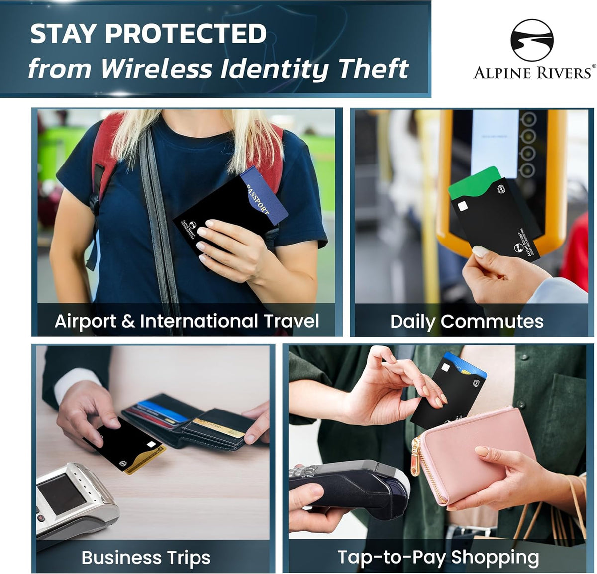 RFID Blocking Sleeves, Credit Card Protector, Passport Sleeve | 18-piece: 14 black sleeves, fits debit, ID cards; 7 top, 7 side-load; 4 passport; 13.56 MHz NFC blocker