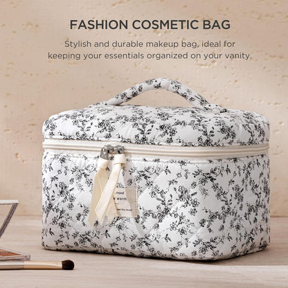 Large Quilted Makeup Bags for Women, Cute Cotton Travel Cosmetic Bags with Handle, Gifts for Bridesmaids, Portable Coquette Floral Make up Bag, Toiletry Cosmetic Bag