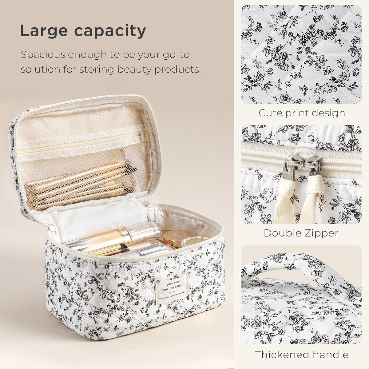 Large Quilted Makeup Bags for Women, Cute Cotton Travel Cosmetic Bags with Handle, Gifts for Bridesmaids, Portable Coquette Floral Make up Bag, Toiletry Cosmetic Bag