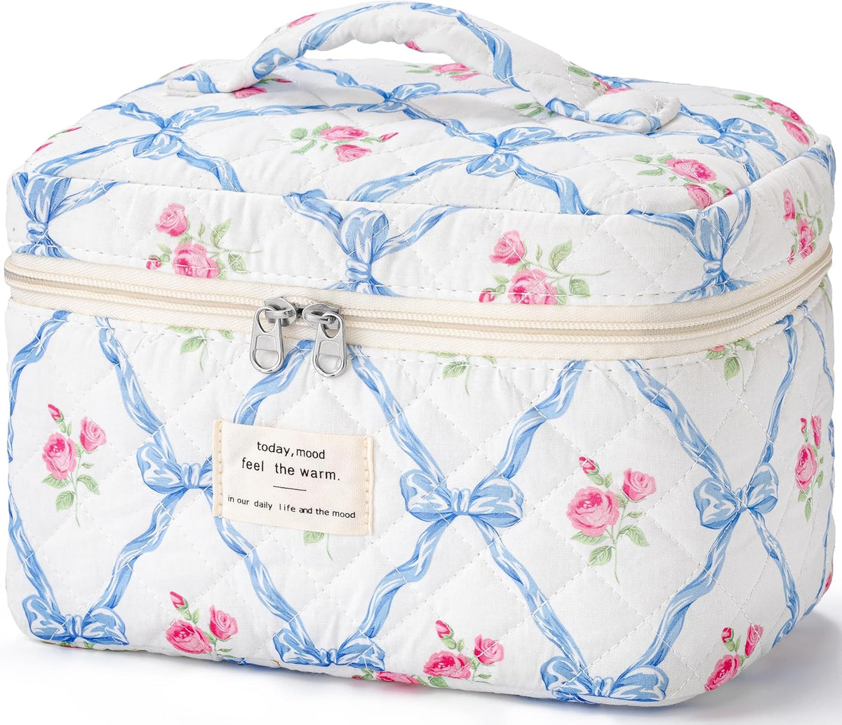 Large Quilted Makeup Bags for Women, Cute Cotton Travel Cosmetic Bags with Handle, Gifts for Bridesmaids, Portable Coquette Floral Make up Bag, Toiletry Cosmetic Bag