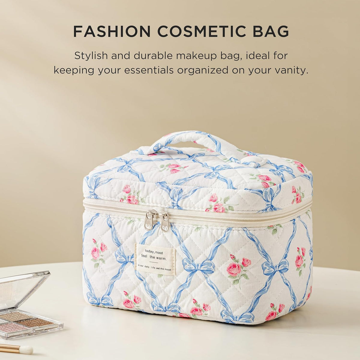 Large Quilted Makeup Bags for Women, Cute Cotton Travel Cosmetic Bags with Handle, Gifts for Bridesmaids, Portable Coquette Floral Make up Bag, Toiletry Cosmetic Bag
