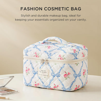 Large Quilted Makeup Bags for Women, Cute Cotton Travel Cosmetic Bags with Handle, Gifts for Bridesmaids, Portable Coquette Floral Make up Bag, Toiletry Cosmetic Bag