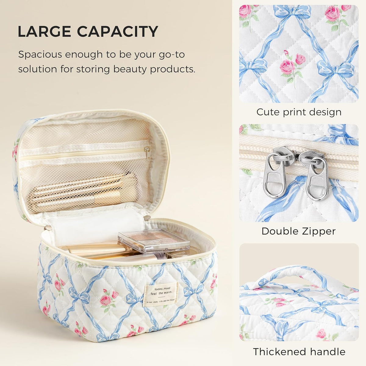 Large Quilted Makeup Bags for Women, Cute Cotton Travel Cosmetic Bags with Handle, Gifts for Bridesmaids, Portable Coquette Floral Make up Bag, Toiletry Cosmetic Bag