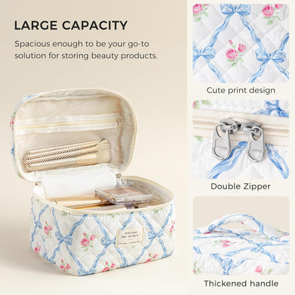 Large Quilted Makeup Bags for Women, Cute Cotton Travel Cosmetic Bags with Handle, Gifts for Bridesmaids, Portable Coquette Floral Make up Bag, Toiletry Cosmetic Bag