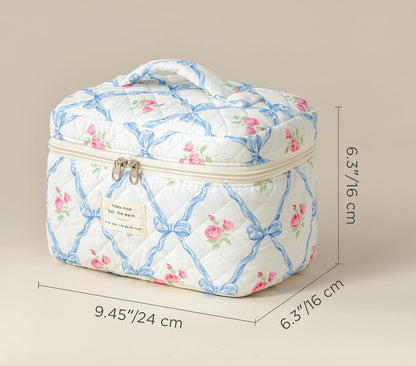 Large Quilted Makeup Bags for Women, Cute Cotton Travel Cosmetic Bags with Handle, Gifts for Bridesmaids, Portable Coquette Floral Make up Bag, Toiletry Cosmetic Bag
