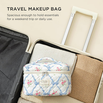 Large Quilted Makeup Bags for Women, Cute Cotton Travel Cosmetic Bags with Handle, Gifts for Bridesmaids, Portable Coquette Floral Make up Bag, Toiletry Cosmetic Bag