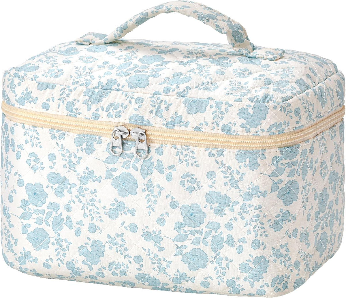 Large Quilted Makeup Bags for Women, Cute Cotton Travel Cosmetic Bags with Handle, Gifts for Bridesmaids, Portable Coquette Floral Make up Bag, Toiletry Cosmetic Bag