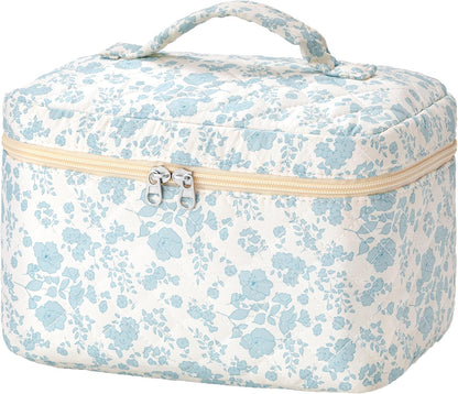 Large Quilted Makeup Bags for Women, Cute Cotton Travel Cosmetic Bags with Handle, Gifts for Bridesmaids, Portable Coquette Floral Make up Bag, Toiletry Cosmetic Bag