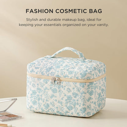 Large Quilted Makeup Bags for Women, Cute Cotton Travel Cosmetic Bags with Handle, Gifts for Bridesmaids, Portable Coquette Floral Make up Bag, Toiletry Cosmetic Bag