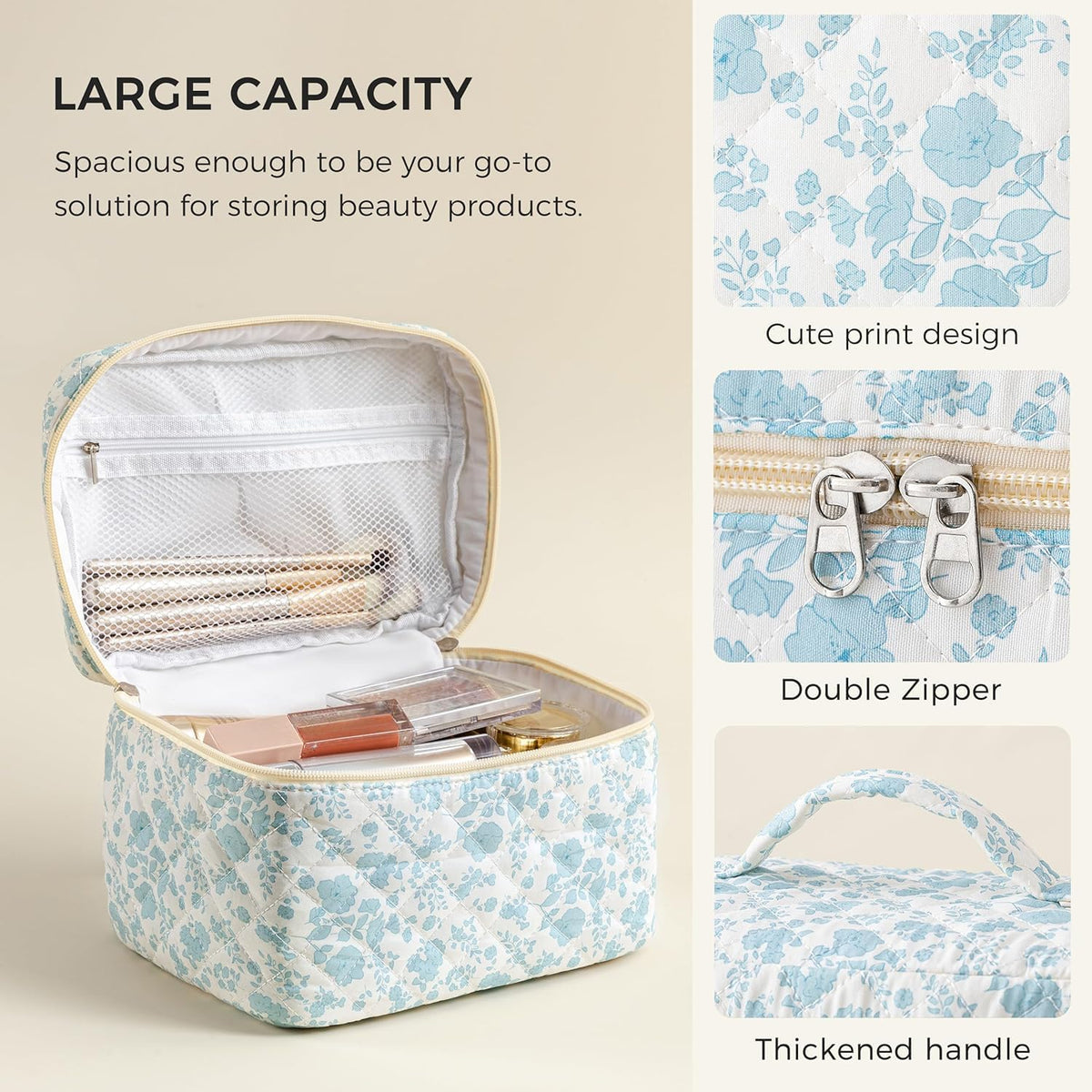 Large Quilted Makeup Bags for Women, Cute Cotton Travel Cosmetic Bags with Handle, Gifts for Bridesmaids, Portable Coquette Floral Make up Bag, Toiletry Cosmetic Bag