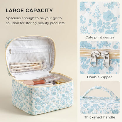 Large Quilted Makeup Bags for Women, Cute Cotton Travel Cosmetic Bags with Handle, Gifts for Bridesmaids, Portable Coquette Floral Make up Bag, Toiletry Cosmetic Bag