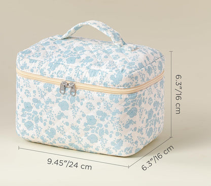 Large Quilted Makeup Bags for Women, Cute Cotton Travel Cosmetic Bags with Handle, Gifts for Bridesmaids, Portable Coquette Floral Make up Bag, Toiletry Cosmetic Bag