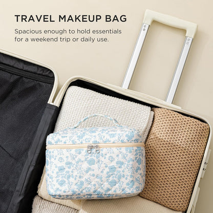 Large Quilted Makeup Bags for Women, Cute Cotton Travel Cosmetic Bags with Handle, Gifts for Bridesmaids, Portable Coquette Floral Make up Bag, Toiletry Cosmetic Bag