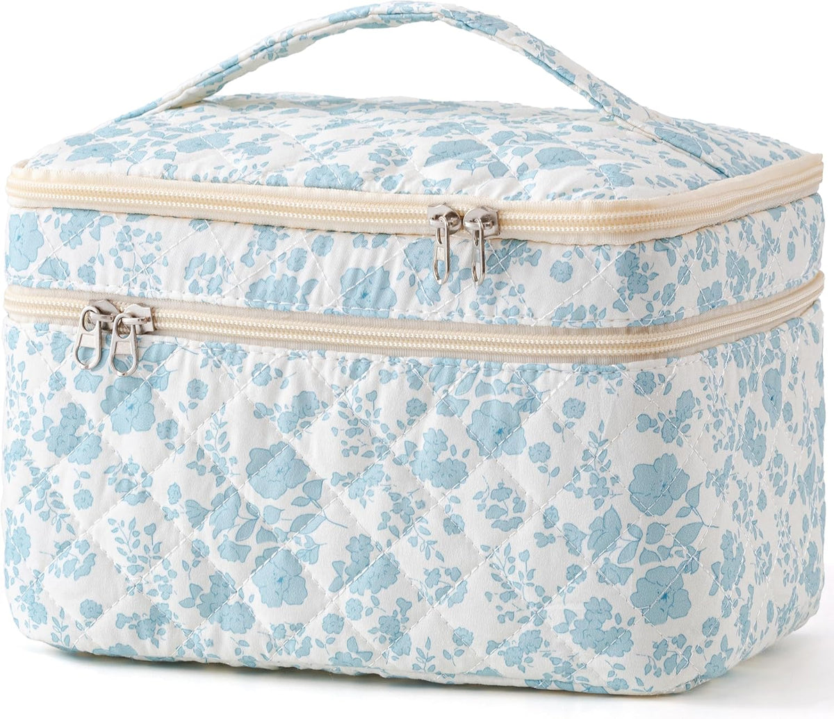 Large Quilted Makeup Bags for Women, Cute Cotton Travel Cosmetic Bags with Handle, Gifts for Bridesmaids, Portable Coquette Floral Make up Bag, Toiletry Cosmetic Bag