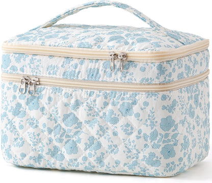 Large Quilted Makeup Bags for Women, Cute Cotton Travel Cosmetic Bags with Handle, Gifts for Bridesmaids, Portable Coquette Floral Make up Bag, Toiletry Cosmetic Bag