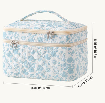 Large Quilted Makeup Bags for Women, Cute Cotton Travel Cosmetic Bags with Handle, Gifts for Bridesmaids, Portable Coquette Floral Make up Bag, Toiletry Cosmetic Bag