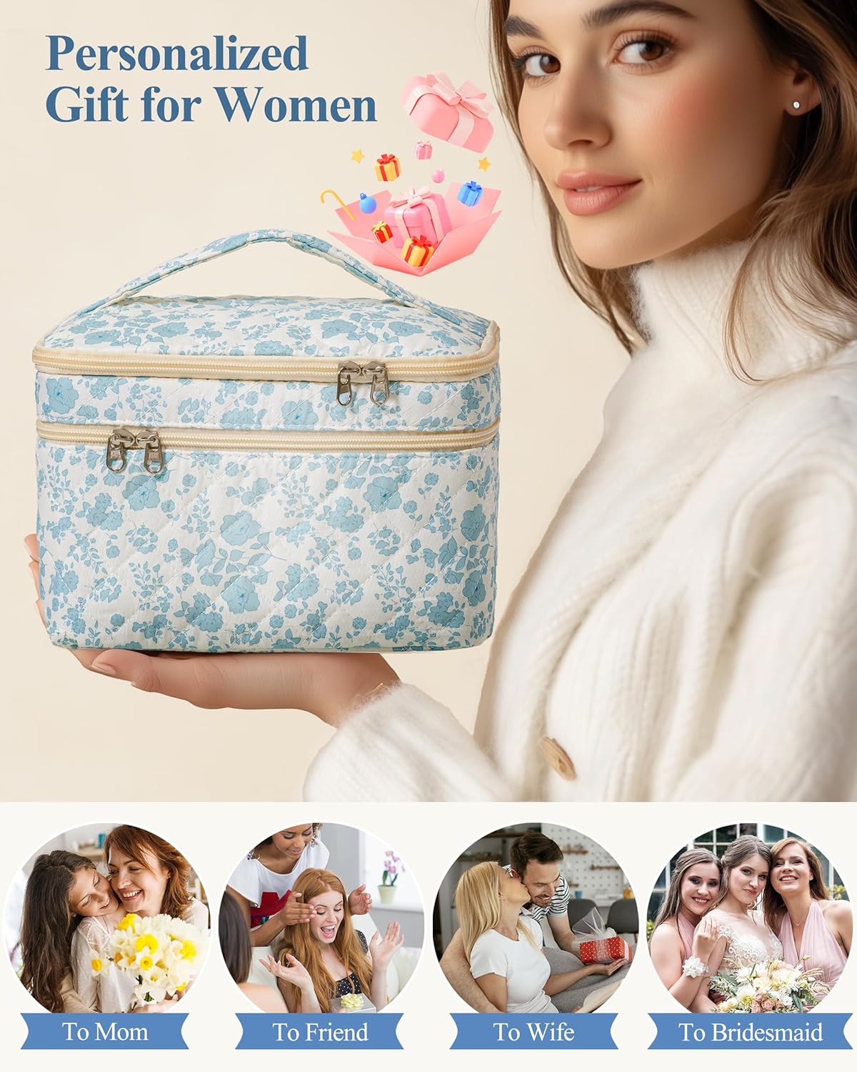 Large Quilted Makeup Bags for Women, Cute Cotton Travel Cosmetic Bags with Handle, Gifts for Bridesmaids, Portable Coquette Floral Make up Bag, Toiletry Cosmetic Bag