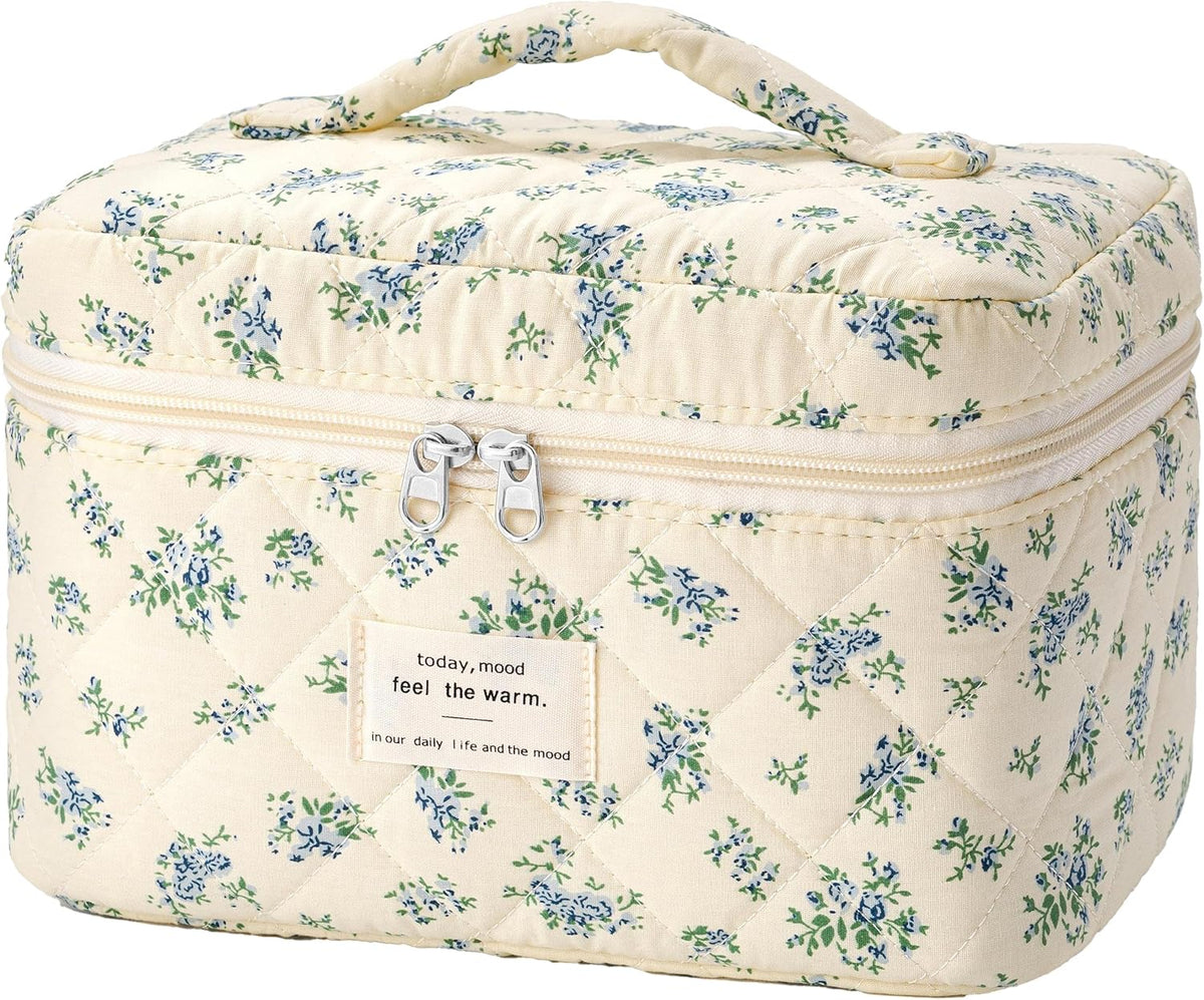 Large Quilted Makeup Bags for Women, Cute Cotton Travel Cosmetic Bags with Handle, Gifts for Bridesmaids, Portable Coquette Floral Make up Bag, Toiletry Cosmetic Bag