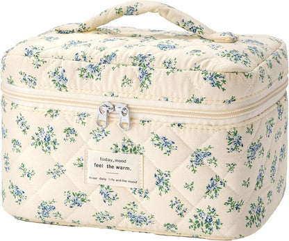 Large Quilted Makeup Bags for Women, Cute Cotton Travel Cosmetic Bags with Handle, Gifts for Bridesmaids, Portable Coquette Floral Make up Bag, Toiletry Cosmetic Bag