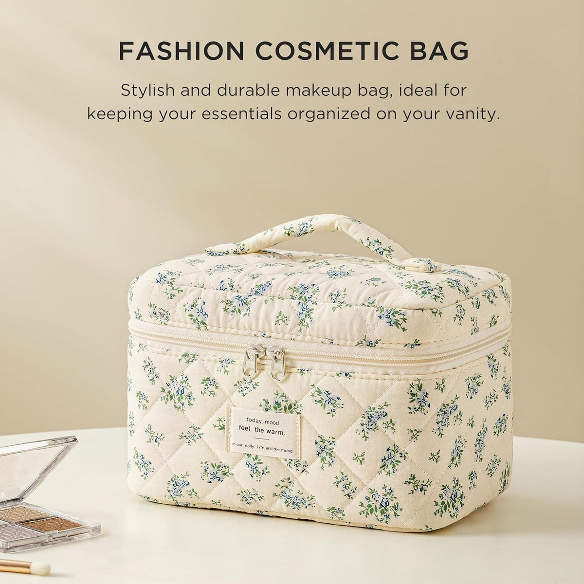 Large Quilted Makeup Bags for Women, Cute Cotton Travel Cosmetic Bags with Handle, Gifts for Bridesmaids, Portable Coquette Floral Make up Bag, Toiletry Cosmetic Bag