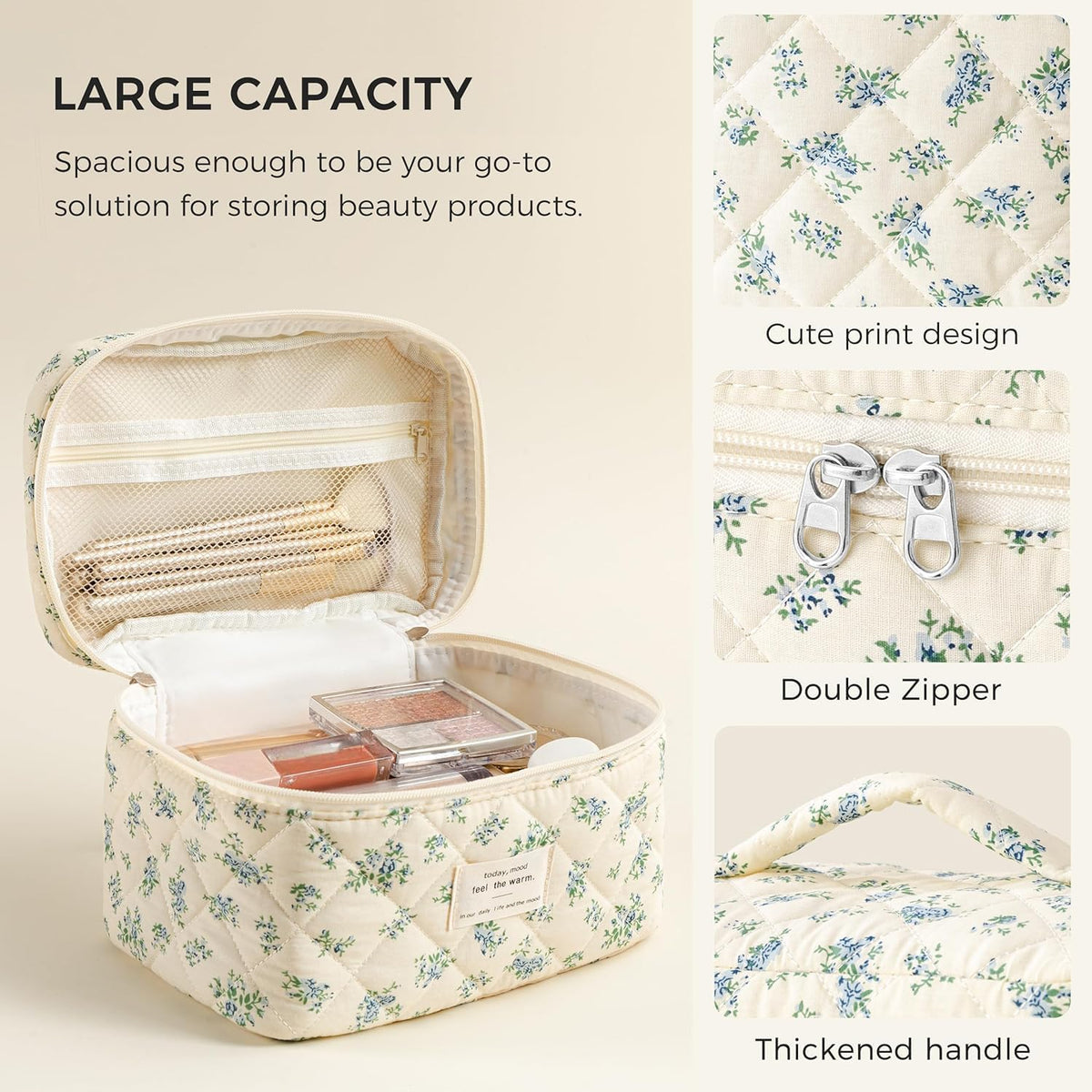 Large Quilted Makeup Bags for Women, Cute Cotton Travel Cosmetic Bags with Handle, Gifts for Bridesmaids, Portable Coquette Floral Make up Bag, Toiletry Cosmetic Bag