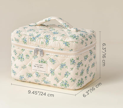 Large Quilted Makeup Bags for Women, Cute Cotton Travel Cosmetic Bags with Handle, Gifts for Bridesmaids, Portable Coquette Floral Make up Bag, Toiletry Cosmetic Bag