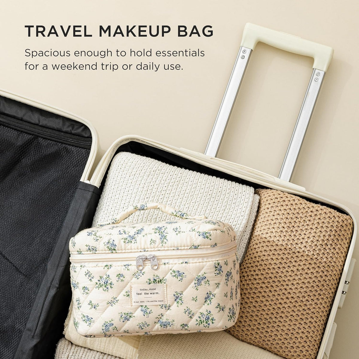Large Quilted Makeup Bags for Women, Cute Cotton Travel Cosmetic Bags with Handle, Gifts for Bridesmaids, Portable Coquette Floral Make up Bag, Toiletry Cosmetic Bag