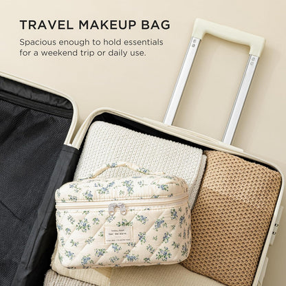 Large Quilted Makeup Bags for Women, Cute Cotton Travel Cosmetic Bags with Handle, Gifts for Bridesmaids, Portable Coquette Floral Make up Bag, Toiletry Cosmetic Bag