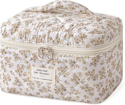 Large Quilted Makeup Bags for Women, Cute Cotton Travel Cosmetic Bags with Handle, Gifts for Bridesmaids, Portable Coquette Floral Make up Bag, Toiletry Cosmetic Bag