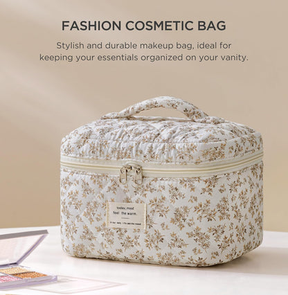 Large Quilted Makeup Bags for Women, Cute Cotton Travel Cosmetic Bags with Handle, Gifts for Bridesmaids, Portable Coquette Floral Make up Bag, Toiletry Cosmetic Bag