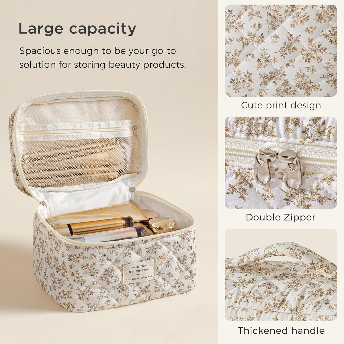 Large Quilted Makeup Bags for Women, Cute Cotton Travel Cosmetic Bags with Handle, Gifts for Bridesmaids, Portable Coquette Floral Make up Bag, Toiletry Cosmetic Bag