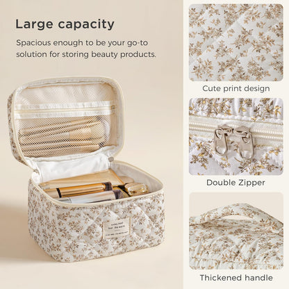 Large Quilted Makeup Bags for Women, Cute Cotton Travel Cosmetic Bags with Handle, Gifts for Bridesmaids, Portable Coquette Floral Make up Bag, Toiletry Cosmetic Bag