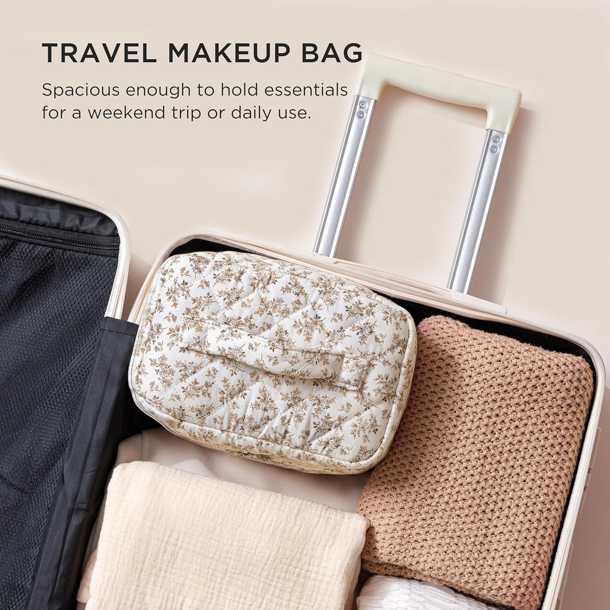 Large Quilted Makeup Bags for Women, Cute Cotton Travel Cosmetic Bags with Handle, Gifts for Bridesmaids, Portable Coquette Floral Make up Bag, Toiletry Cosmetic Bag