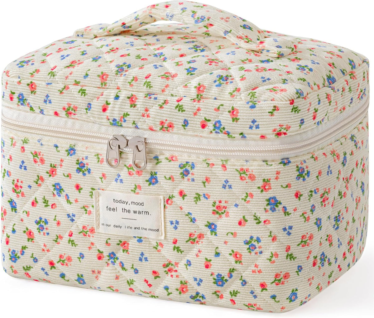 Large Quilted Makeup Bags for Women, Cute Cotton Travel Cosmetic Bags with Handle, Gifts for Bridesmaids, Portable Coquette Floral Make up Bag, Toiletry Cosmetic Bag