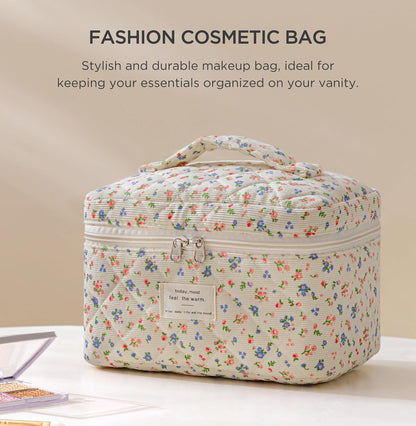 Large Quilted Makeup Bags for Women, Cute Cotton Travel Cosmetic Bags with Handle, Gifts for Bridesmaids, Portable Coquette Floral Make up Bag, Toiletry Cosmetic Bag