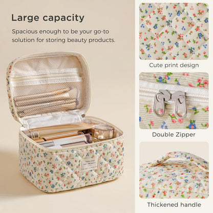 Large Quilted Makeup Bags for Women, Cute Cotton Travel Cosmetic Bags with Handle, Gifts for Bridesmaids, Portable Coquette Floral Make up Bag, Toiletry Cosmetic Bag