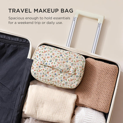 Large Quilted Makeup Bags for Women, Cute Cotton Travel Cosmetic Bags with Handle, Gifts for Bridesmaids, Portable Coquette Floral Make up Bag, Toiletry Cosmetic Bag