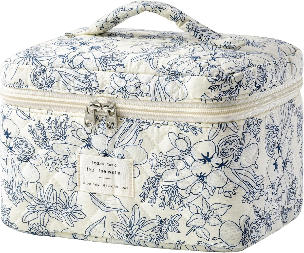Large Quilted Makeup Bags for Women, Cute Cotton Travel Cosmetic Bags with Handle, Gifts for Bridesmaids, Portable Coquette Floral Make up Bag, Toiletry Cosmetic Bag