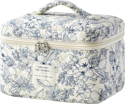 Large Quilted Makeup Bags for Women, Cute Cotton Travel Cosmetic Bags with Handle, Gifts for Bridesmaids, Portable Coquette Floral Make up Bag, Toiletry Cosmetic Bag