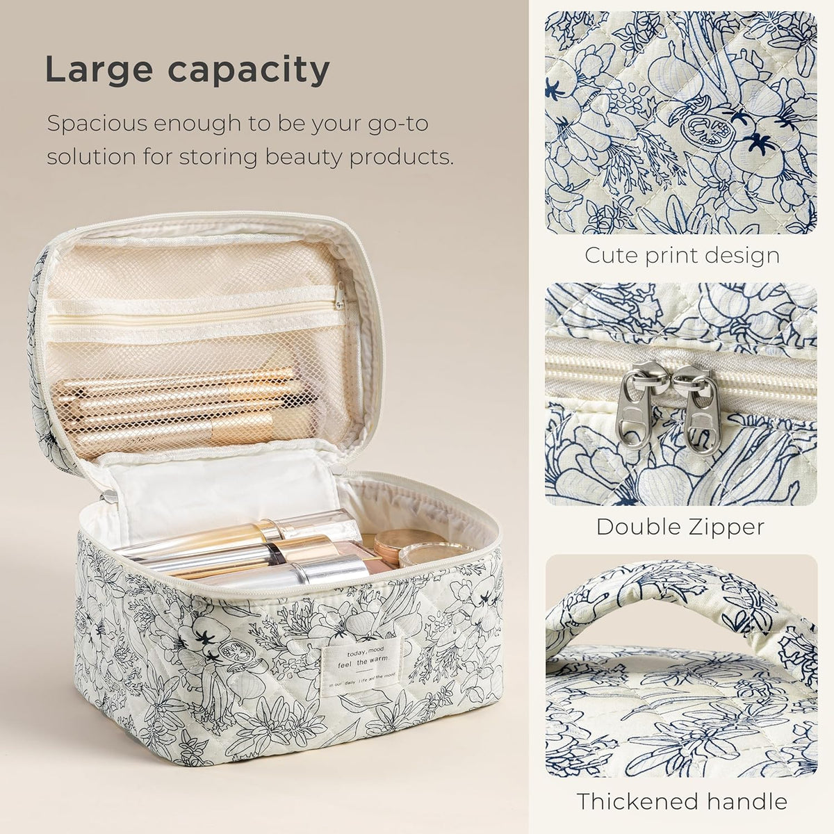 Large Quilted Makeup Bags for Women, Cute Cotton Travel Cosmetic Bags with Handle, Gifts for Bridesmaids, Portable Coquette Floral Make up Bag, Toiletry Cosmetic Bag