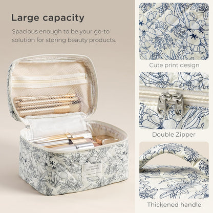 Large Quilted Makeup Bags for Women, Cute Cotton Travel Cosmetic Bags with Handle, Gifts for Bridesmaids, Portable Coquette Floral Make up Bag, Toiletry Cosmetic Bag