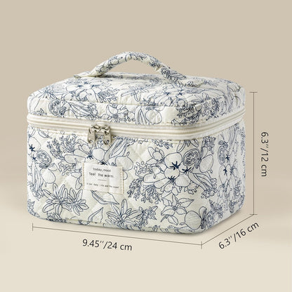 Large Quilted Makeup Bags for Women, Cute Cotton Travel Cosmetic Bags with Handle, Gifts for Bridesmaids, Portable Coquette Floral Make up Bag, Toiletry Cosmetic Bag