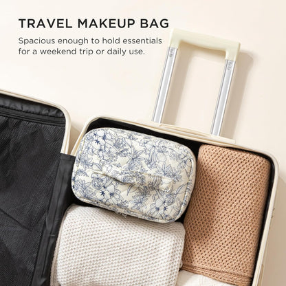 Large Quilted Makeup Bags for Women, Cute Cotton Travel Cosmetic Bags with Handle, Gifts for Bridesmaids, Portable Coquette Floral Make up Bag, Toiletry Cosmetic Bag