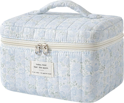 Large Quilted Makeup Bags for Women, Cute Cotton Travel Cosmetic Bags with Handle, Gifts for Bridesmaids, Portable Coquette Floral Make up Bag, Toiletry Cosmetic Bag